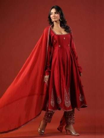 FANCY CHINON SILK EMBROIDERY SEQUENCE  ZARI WORK ANARKALI GOWN BOTTOM WITH DUPATTA RED