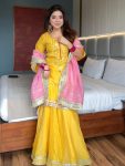 FANCY CHINON SILK SEQUENCE AND MULTI ZARI THREAD EMBROIDERY WORK TOP PALAZZO WITH DUPATTA YELLOW