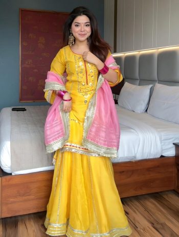 FANCY CHINON SILK SEQUENCE AND MULTI ZARI THREAD EMBROIDERY WORK TOP PALAZZO WITH DUPATTA YELLOW
