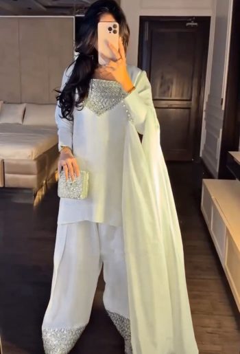 FANCY CHINON SILK THREAD WITH SEQUENCE WORK TOP PALAZZO WITH DUPATTA WHITE