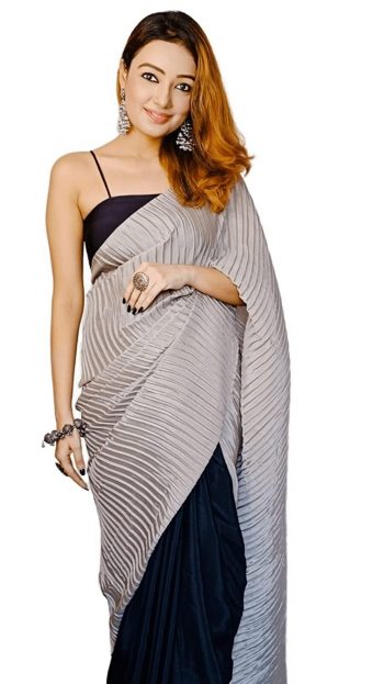 FANCY CHINON SILK WITH CRUSH PALLU WORK SAREE WITH UNSTITCHED BLOUSE GREY