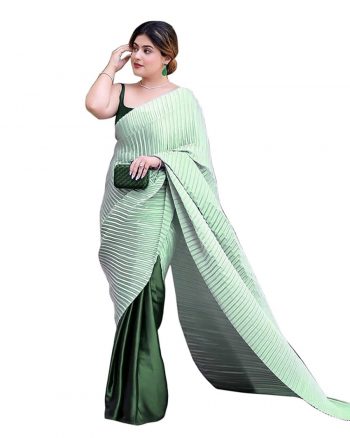 FANCY CHINON SILK WITH CRUSH PALLU WORK SAREE WITH UNSTITCHED BLOUSE GREEN