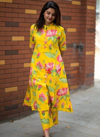 FANCY COTTON DIGITAL PRINT WORK WITH ONE SIDE POCKET CO-ORD SET  YELLOW