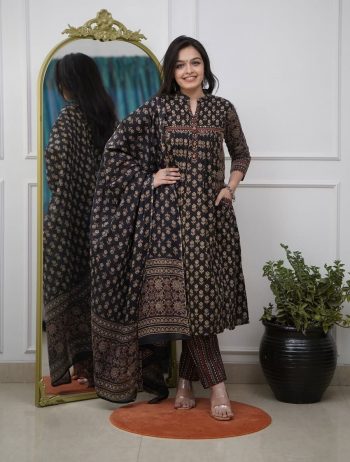 FANCY COTTON MILL PRINTED TOP BOTTOM WITH DUPATTA  BLACK