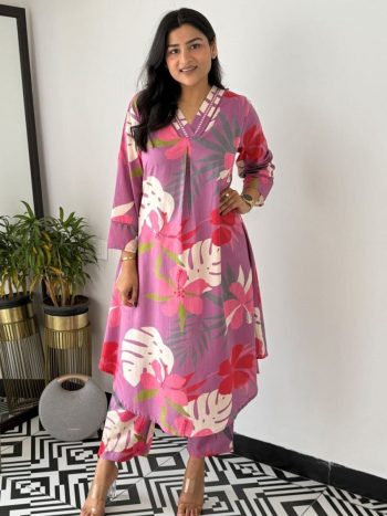 FANCY COTTON PRINTED EMBROIDERY WORK CO-ORD SET PINK