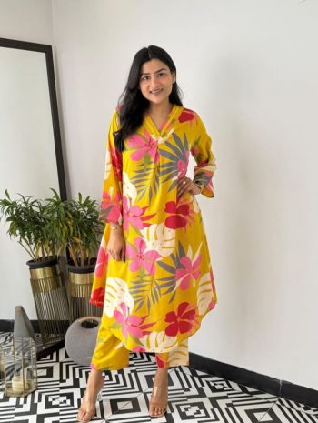 FANCY COTTON PRINTED EMBROIDERY WORK CO-ORD SET YELLOW