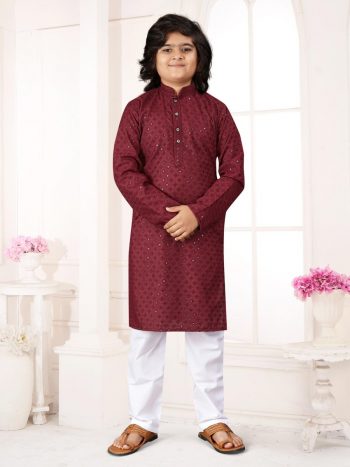 FANCY COTTON RAYON SEQUENCE KID'S KURTA WITH PAYJAMA MAROON