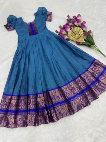 FANCY COTTON SILK ZARI WEAVING WORK KID'S GOWN BLUE