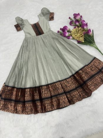 FANCY COTTON SILK ZARI WEAVING WORK KID'S GOWN GREY