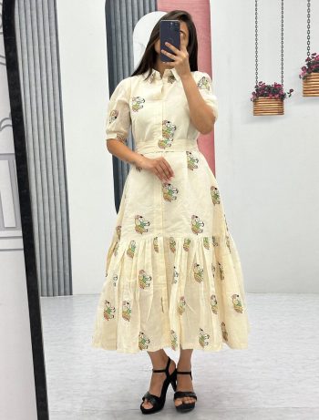 FANCY COTTON THREAD EMBROIDERY WORK ONE PIECE WITH WAIST BELT OFF WHITE