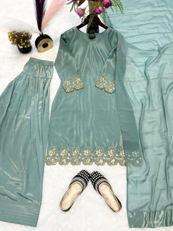 FANCY CREEP SILK BEADS HAND WORK WITH SEQUENCE MULTI NEEDLE EMBROIDERY AND  ZARI WORK TOP PATIYALA WITH DUPATTA SEA GREEN