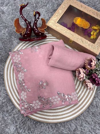 FANCY CRUSH EMBROIDERY PEARL WORK SAREE WITH UNSTITCHED BLOUSE BABY PINK