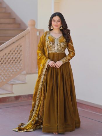 FANCY FENDY SILK ZARI SEQUENCE EMBROIDERY WORK GOWN WITH DUPATTA MUSTARD