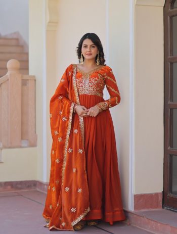 FANCY FENDY SILK ZARI SEQUENCE EMBROIDERY WORK GOWN WITH DUPATTA ORANGE