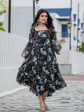 FANCY GEORGETTE DIGITAL FLORAL PRINTED ONLY ONE PIECE  BLACK