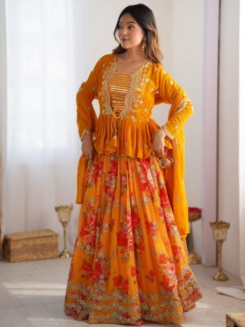 FANCY GEORGETTE DIGITAL PRINT WITH THREAD WITH SEQUENCE WORK LEHENGA CHOLI KOTI WITH DUPATTA MUSTARD