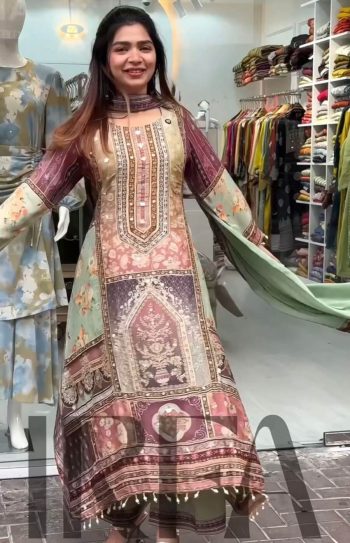 FANCY GEORGETTE DIGITAL PRINTED REAL MIRROR LACE HANDWORK TOP PALAZZO WITH DUPATTA MINT