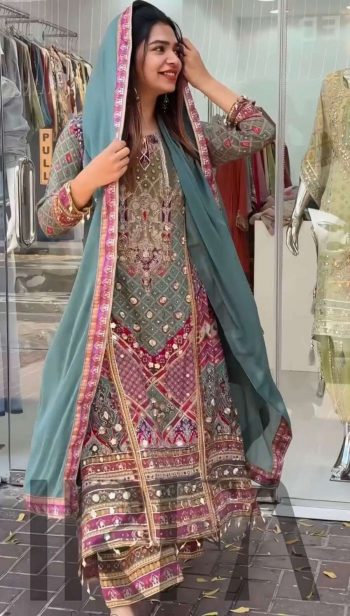 FANCY GEORGETTE DIGITAL PRINTED REAL MIRROR LACE HANDWORK TOP PALAZZO WITH DUPATTA RAMA