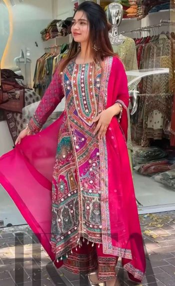 FANCY GEORGETTE DIGITAL PRINTED REAL MIRROR LACE HANDWORK TOP PALAZZO WITH DUPATTA RANI