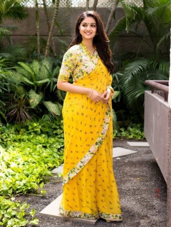 FANCY GEORGETTE DIGITAL PRINTED WITH LACE WORK SAREE WITH UNSTITCHED BLOUSE  YELLOW