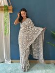 FANCY GEORGETTE EMBROIDERY SEQUENCE LACE WORK SAREE WITH UNSTITCHED BLOUSE GREY
