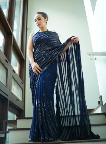 FANCY GEORGETTE EMBROIDERY SEQUENCE LACE WORK SAREE WITH UNSTITCHED BLOUSE BLUE
