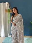 FANCY GEORGETTE EMBROIDERY SEQUENCE LACE WORK SAREE WITH UNSTITCHED BLOUSE PARTY WEAR WHOLESALE PRICE ETHNIC GARMENT (3)