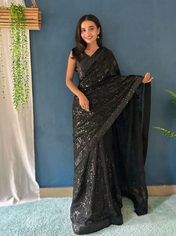 FANCY GEORGETTE EMBROIDERY SEQUENCE LACE WORK SAREE WITH UNSTITCHED BLOUSE BLACK