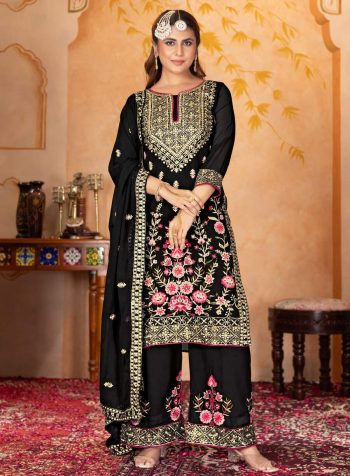 FANCY GEORGETTE EMBROIDERY SEQUENCE REAL MIRROR HAND WORK TOP PALAZZO WITH DUPATTA BLACK