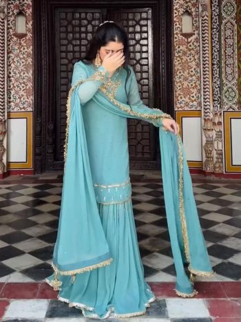 FANCY GEORGETTE EMBROIDERY SEQUENCE WITH RIVET MOTI AND LATKAN WORK TOP SHARARA WITH DUPATTA SKY