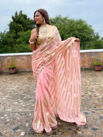 FANCY GEORGETTE EMBROIDERY SEQUENCE WITH SEQUENCE LACE BORDER WORK SAREE WITH UNSTITCHED BLOUSE  BABY PINK