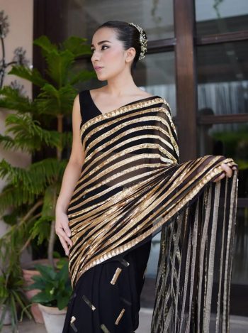 FANCY GEORGETTE EMBROIDERY SEQUENCE WORK SAREE WITH UNSTITCHED BLOUSE BLACK