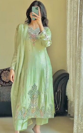 FANCY GEORGETTE EMBROIDERY SEQUENCE WORK TOP BOTTOM WITH DUPATTA MINT