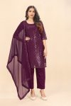 FANCY GEORGETTE EMBROIDERY SEQUENCE WORK TOP BOTTOM WITH DUPATTA WINE