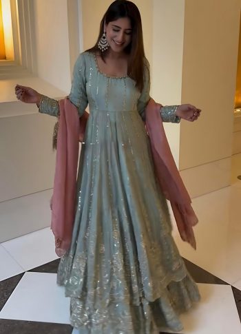 FANCY GEORGETTE EMBROIDERY SEQUENCE WORK TOP LEHENGA WITH DUPATTA  SKY