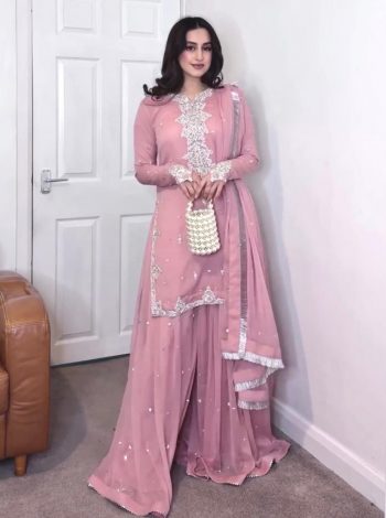 FANCY GEORGETTE EMBROIDERY SEQUENCE WORK TOP PALAZZO WITH DUPATTA  BABY PINK