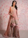 FANCY GEORGETTE EMBROIDERY SEQUENCE WORK WITH RIVET MOTI WORK TOP SHARARA WITH DUPATTA  PEACH