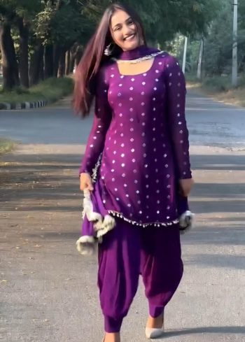FANCY GEORGETTE EMBROIDERY THREAD SEQUENCE WORK TOP PATIYALA WITH DUPATTA PURPLE