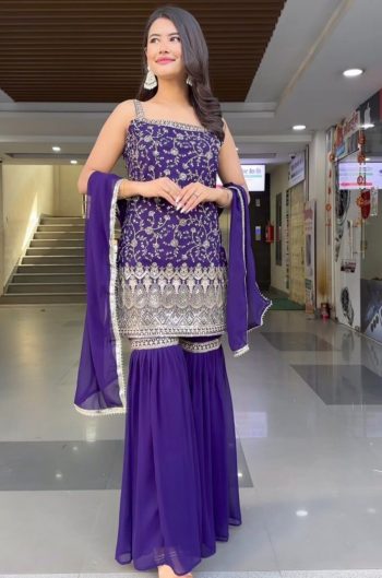FANCY GEORGETTE EMBROIDERY WITH  THREAD AND SEQUENCE WORK TOP SHARARA WITH DUPATTA PURPLE