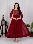 FANCY GEORGETTE EMBROIDERY ZARI SEQUENCE WORK GOWN  MAROON