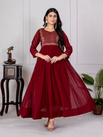 FANCY GEORGETTE EMBROIDERY ZARI SEQUENCE WORK GOWN  MAROON