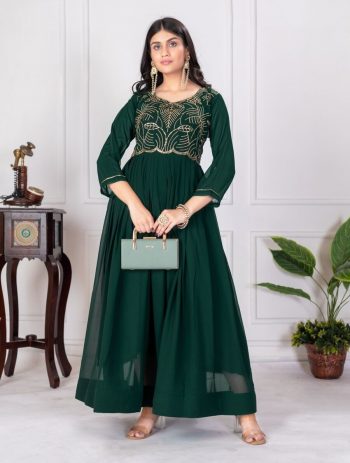 FANCY GEORGETTE EMBROIDERY ZARI SEQUENCE WORK GOWN  GREEN