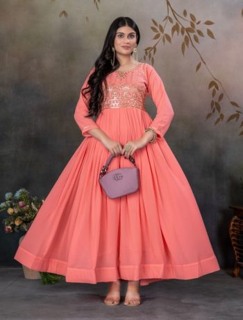 FANCY GEORGETTE EMBROIDERY ZARI SEQUENCE WORK GOWN PINK