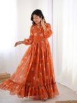 FANCY GEORGETTE FLORAL PRINTED GOWN  ORANGE