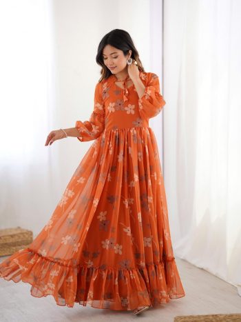 FANCY GEORGETTE FLORAL PRINTED GOWN  ORANGE