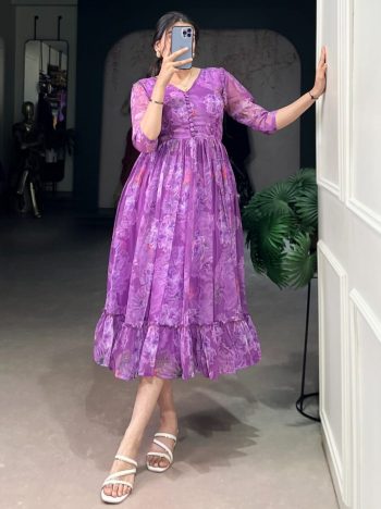 FANCY GEORGETTE FLORAL PRINTED ONE PIECE LAVENDER