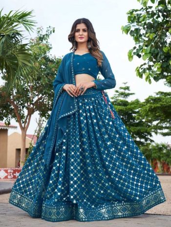 FANCY GEORGETTE GLITTER EMBROIDERY SEQUENCE WORK LEHENGA CHOLI WITH DUPATTA RAMA