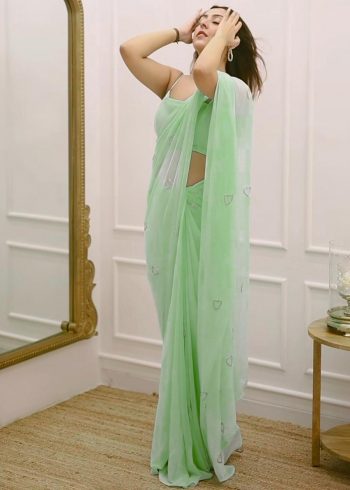 FANCY GEORGETTE HEART SHAPED HANDWORK SAREE WITH UNSTITCHED BLOUSE MINT