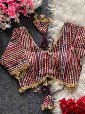 FANCY GEORGETTE MULTI SEQUENCE LATKAN LACE WORK READY TO WEAR BLOUSE WINE