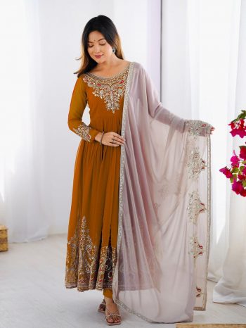 FANCY GEORGETTE MULTI THREAD EMBROIDERY SEQUENCE WORK GOWN BOTTOM WITH DUPATTA YELLOW